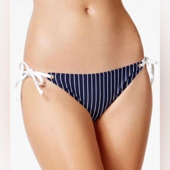 Tommy Hilfiger Navy White Striped Tie Sides Bikini Swim Bottom size L - Picture 1 of 5
